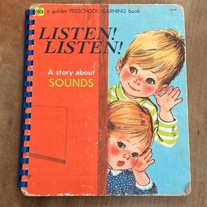 Vintage 1972 board book Golden Preschool Learning Book - Listen! Listen!